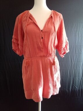 Knox Rose Coral Textured Romper with Embroidered Trim
